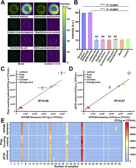 利用AFPAM生物传感器、平板计数法和标准qPCR法对鼠伤寒沙门氏菌的特异性和真实样品进行分析