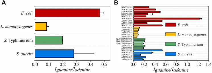 (A)种和(B)菌株水平上的鸟嘌呤相对强度峰比（654 ~ 661 cm−1）和腺嘌呤相对强度峰比（734 ~ 737 cm−1）。数据为20个拉曼光谱的平均值±标准差。