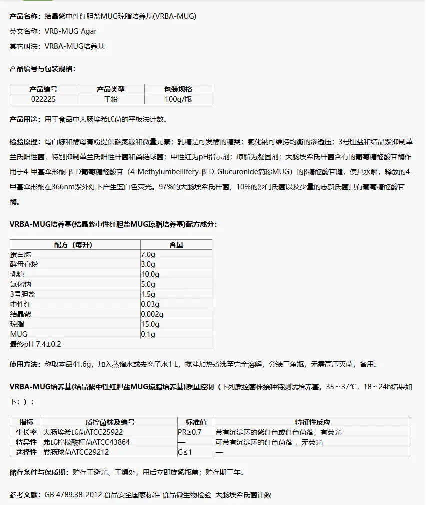 022225 结晶紫中性红胆盐MUG琼脂培养基(VRBA-MUG) 100g/瓶