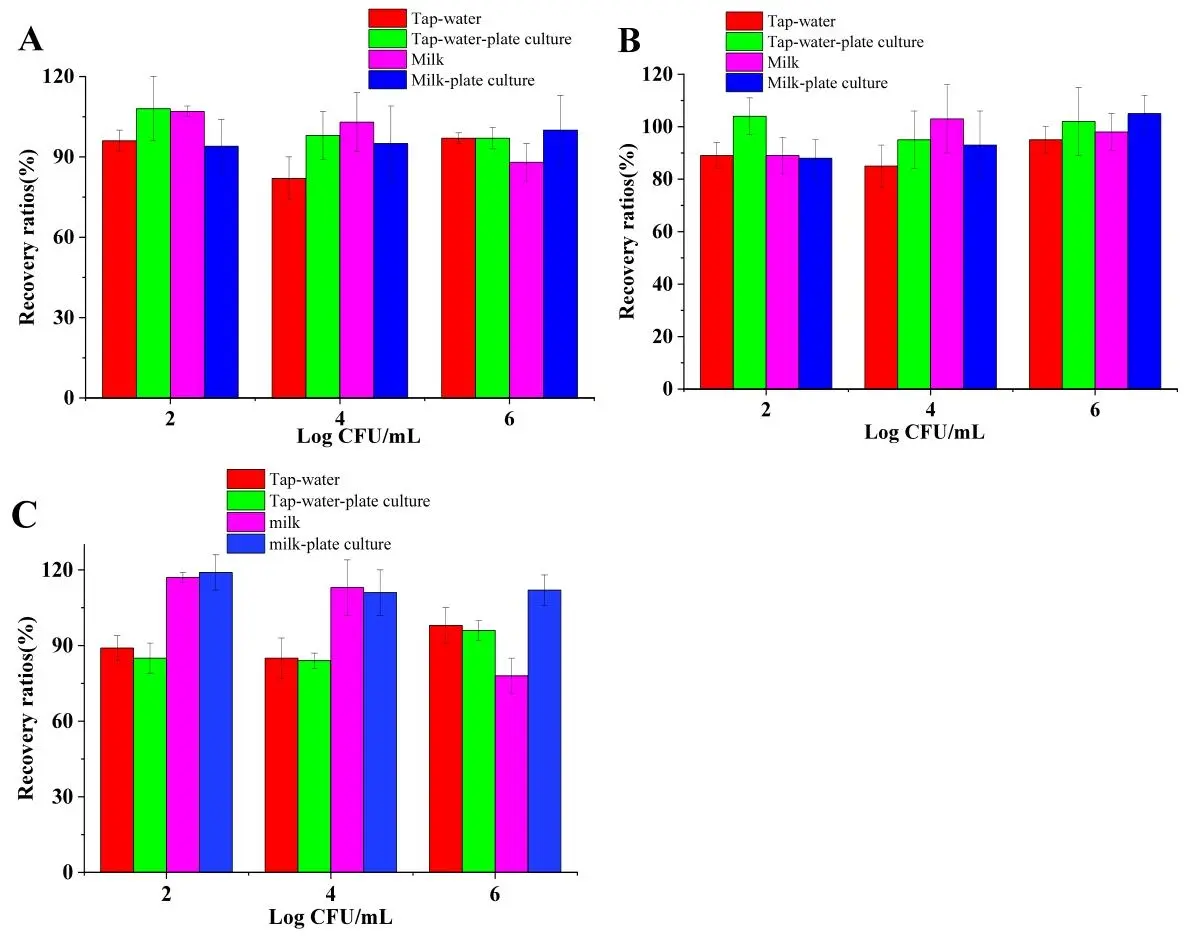 展示所开发方法在实际样品（牛奶和自来水）中的回收率，对比不同细菌病原体的检测结果
