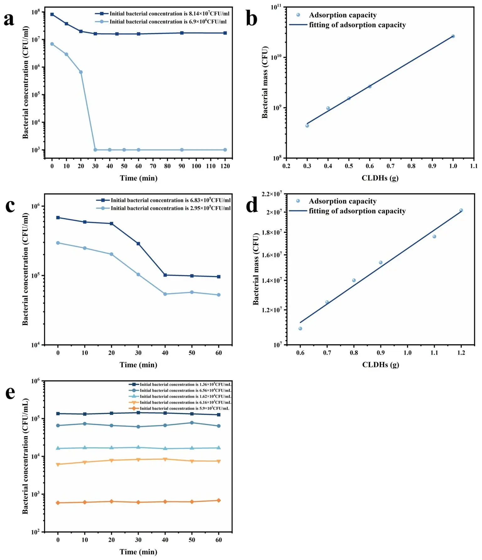 显示大肠杆菌和金黄色葡萄球菌在 CLDHs 表面的吸附动力学过程，分别于 30 分钟和 40 分钟达平衡