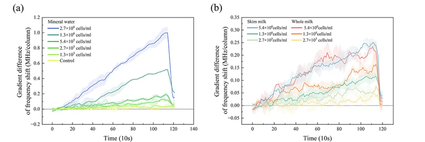 （a） 矿泉水和 （b） 脱脂牛奶和全脂牛奶之间的细菌检测中上游和下游区域之间频移值的随时间梯度差异